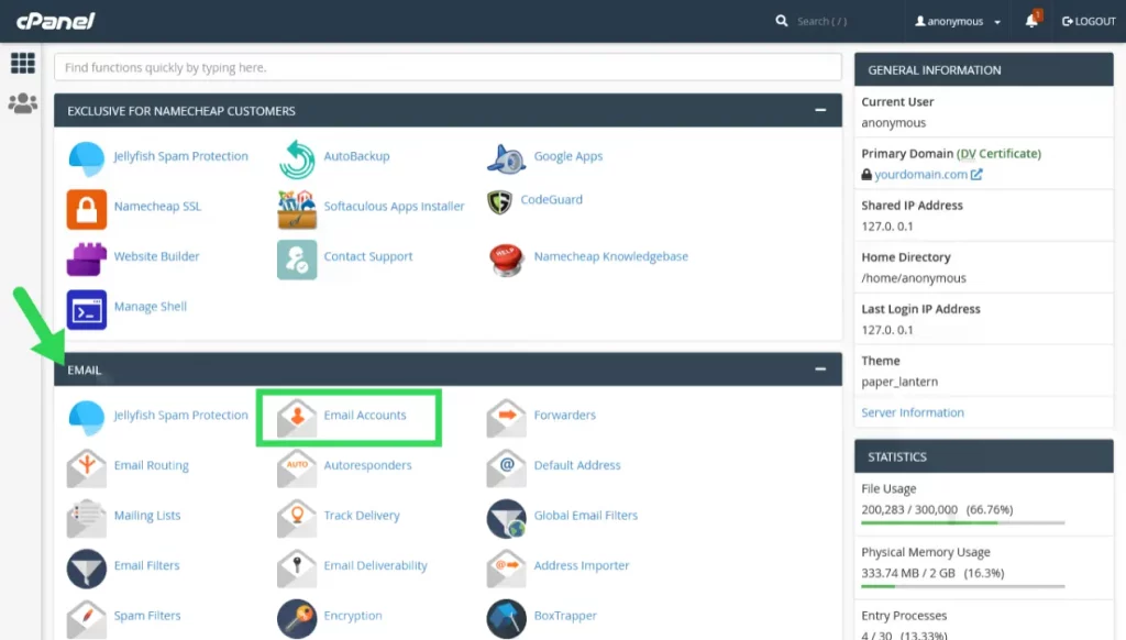 Screenshot of cpanel email section with email accounts option highlighted