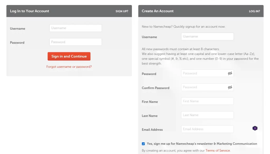 Namecheap login and account creation forms