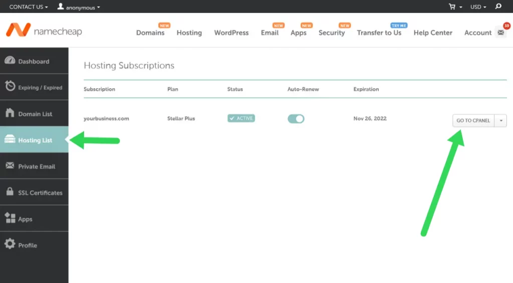 Screenshot of Namecheap hosting list page